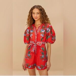 Farm Rio Red Sweet Bloom Bouquet Organic Cotton Romper Size XL